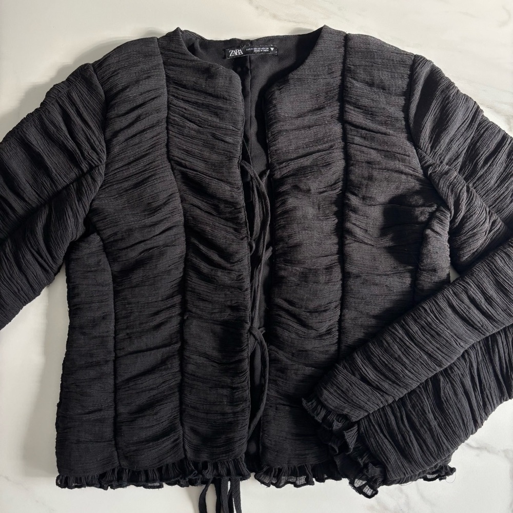 Zara tulle rushed Black Long Sleeve Top with ties XS - Picture 3 of 13